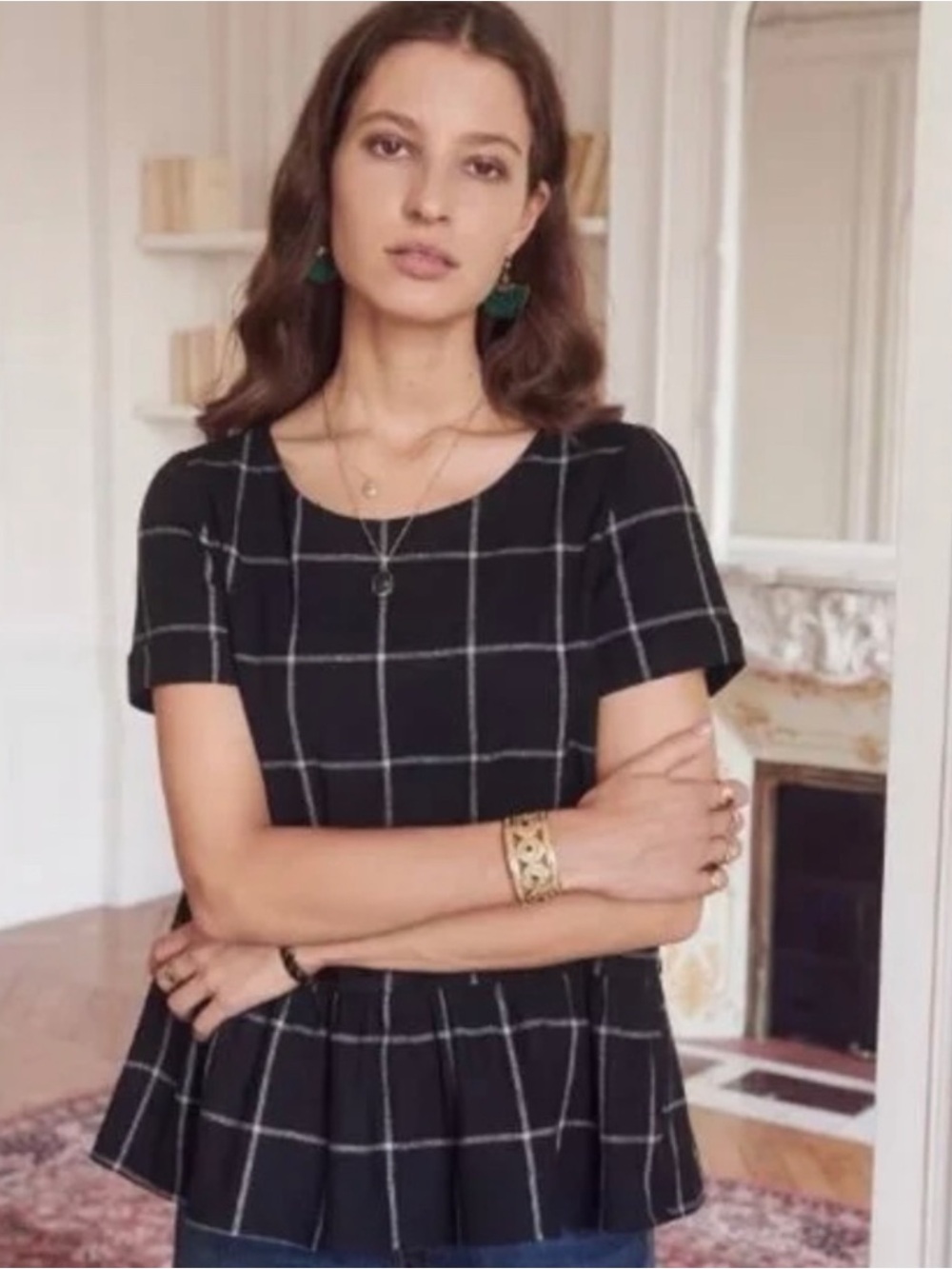 Sezane Black Windowpane Peplum Top